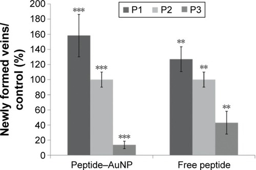 Figure 5 Percentage of newly formed arterioles.Notes: As a result of exposure to free peptide or AuNPs (peptide–AuNPs) relative to control (phosphate-buffered saline): P1, proangiogenic peptide; P2, scrambled peptide; P3, antiangiogenic peptide. The concentration of peptide was kept constant (0.01 pmol/μL). Error bars represent the standard deviation from the mean. A total of 46 eggs were analyzed. **P<0.005; ***P<0.0001.Abbreviation: AuNPs, gold nanoparticles.