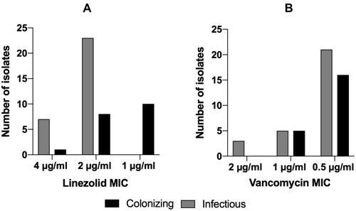 Figure 3 Minimum inhibitory concentration patterns. (A) Comparison of linezolid MICs of both colonizing and infectious isolates. (B) Comparison of vancomycin MICs of both colonizing and infectious isolates. Grey bars represent colonizing isolates and black bars representing infectious ones.