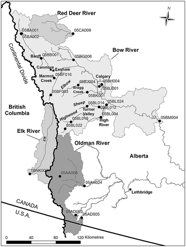 Figure 1. The Red Deer, Bow, Oldman and Elk river basins, showing the locations of the Water Survey of Canada gauging stations used, Marmot Creek Research Basin, and the places affected by the flood.