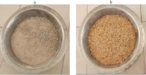Figure 1. a) Visual appearance of the a) clay earthen material under 5 mm b) the rice husk under 2 mm.