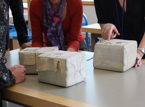 Figure 2. Packages from Prawer Jhabvala’s literary archive being examined in the Conservation studio at the British Library. Image © British Library Board.