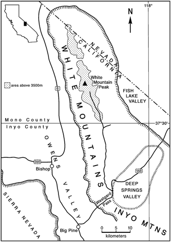 FIGURE 1. Regional location of the White Mountains in eastern California and adjacent Nevada. Alpine habitats over 3500 m elevation are shown by the stippled area