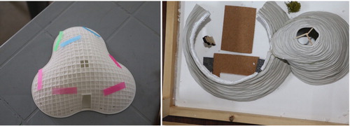 Figure 8. Physical prototypes: left, 3D printed shell of the deployable typology; right: clay model of sandbag shelters (freeform typology; concept by Cal-Earth).