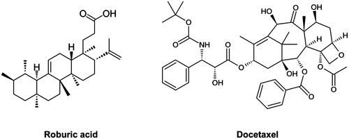 Figure 1. Structures of roburic acid (ROB) and docetaxel (DOC).