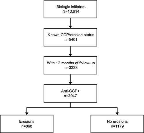 Figure 1. Patient disposition. Abbreviation. CCP+, cyclic citrullinated peptide positive. This figure was originally published on poster 2500, “Association Between Anti-Citrullinated Protein Antibody Status, Erosive Disease and Healthcare Resource Utilization in Patients With RA”; Leslie R. Harrold”, presented at the 2018 Annual Meeting of the American College of Rheumatology held in Chicago, IL, USA.