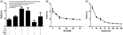 Figure 2. ACT inhibits Th22 cell differentiation in vitro. (A) The proportion of Th22 cells, which are differentiated from purified CD4+ T lymphocytes from IgAN patients by stimulation with different combinations of IL-1, IL-6, TNF-α and ACT for 7 days. Media contains anti-CD3, anti-CD28 and IL-2 to ensure T-cell activation. *represents p < .01. (B) Dose-related effects of ACT on Th22 cell differentiation. Purified CD4+ T lymphocytes isolated from IgAN patients are treated with different doses of ACT for 96 h. (C) Time-dependent effects of ACT on Th22 cells differentiation. Purified CD4+ T lymphocytes isolated from IgAN patients are treated with 40 mM ACT for 24 to 168 h.