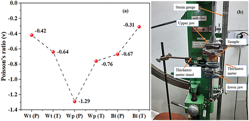 Figure 2. (a) Poisson’s ratio of 3D woven samples and (b) modified tensile strength tester for auxeticity test.