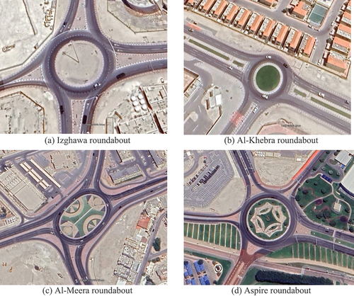 Figure 1. Layout of selected roundabouts. (a) Izghawa roundabout, (b) Al-Khebra roundabout, (c) Al-Meera roundabout, (d) Aspire roundabout.