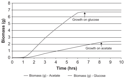 Figure 2 Growth profile of an E. coli cell on glucose and acetate as carbon source. E. coli cell growth was modeled after providing equimolar quantities of glucose or acetate as the sole source of carbon. Rate of cell growth was found to be 2.8-fold higher on glucose than on acetate.