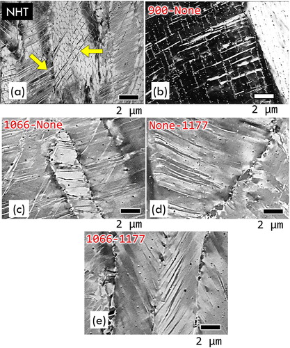 Figure 3. Micrographs obtained by FIB imaging on longitudinal (x-z plane) polished sections of failed tensile specimens (about 500 μm below line of fracture on surface), showing morphologies of deformation bands as affected by the microstructure resulting from various heat treatments.