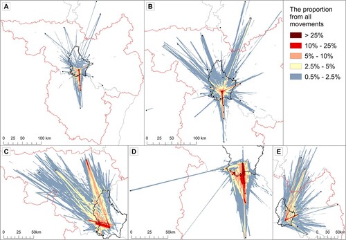 Figure 8. The estimated geographical distribution of cross-border mobility flows crossing the borders of Luxembourg from Twitter data by cross-border commuters (A) and locals residing in Luxembourg (B), Belgium (C), France (D) and Germany (E). The proportional value indicates how many movements were located within the closest 3 km2.