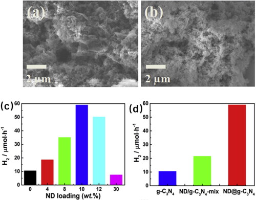 Figure 6. The SEM images and the photocatalytic hydrogen evolution performance of ND@g-C3N4 [Citation39]: The SEM image of (a) g-C3N4 and (b) ND@g-C3N4 (ND 10 wt%). (c) H2 evolution rate for 5 h over ND@g-C3N4 with different mass ratio of NDs under visible light irradiation. (d) Comparison of H2 evolution activity over g-C3N4, ND/g-C3N4-mix and ND@g-C3N4 (ND 10 wt%) heterostructures under visible light irradiation.