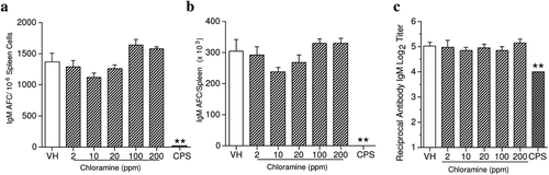 Figure 5.  Chloramine exposure had no effect on the spleen IgM antibody-forming cell (AFC) response presented as (a) IgM AFC/106 spleen cells (specific activity), (b) IgM AFC/spleen (total activity), and (c) serum IgM antibody titer. The mice were exposed to deionized tap water (vehicle) or chloramine in their drinking water for 28 days. Cyclophosphamide (CPS) was given as a positive control by IP injection at 50 mg/kg in the last 4 days of the exposure period. Values represent mean (± SE) specific activity, total activity, and/or titers from eight mice/group. ** p ≤ 0.01 when compared to vehicle.
