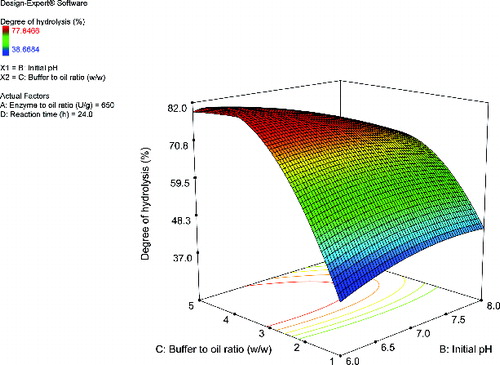 Figure 4. Three-dimensional surface plot of the combined effects of the initial pH and buffer-to-oil ratio on the degree of hydrolysis by using CRL as a biocatalyst with constant enzyme-to-oil ratio of 650 U/g and a reaction time of 24 h.