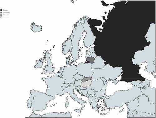 Figure 1. Countries covered in this contribution: Hungary, Lithuania, Slovakia, and Russia.