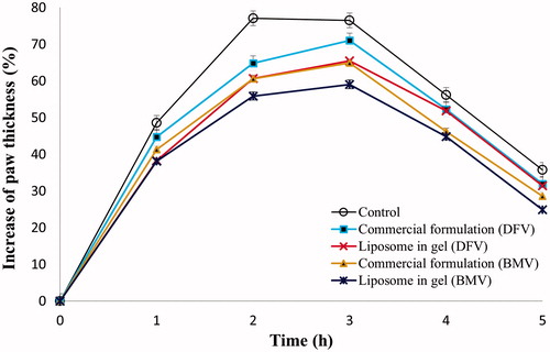 Figure 5. Changes in the paw thickness of the rats with respect to time after formulation application.