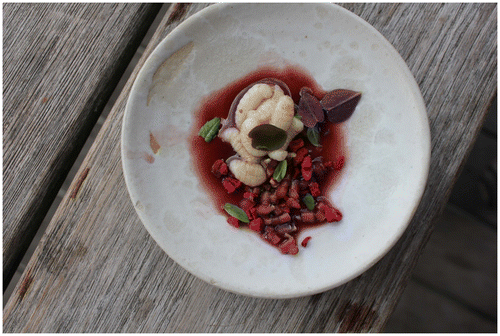 Figure 9. Honey bee larvae ceviche, a dish developed at the Nordic Food Lab: bee larvae cured in rhubarb vinegar, garnished with purple oxalis leaves and stems, freeze-dried raspberries, and lemon verbena.