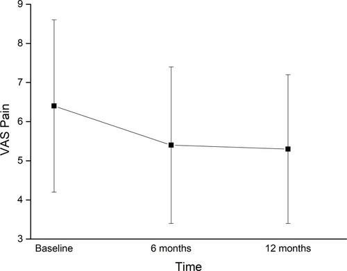 Figure 1 Decrease in pain over time, measured through a visual analogue scale (VAS). The decrease is statistically significant (p<0.05) from baseline to 6 months and 12 months.