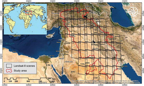 Figure 1. Location of the TEB on the world map. The superimposed black frames are the footprint of Landsat 8 imagery