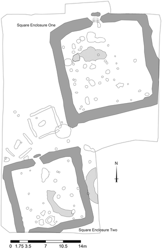 Fig 14 Rhynie, Aberdeenshire. Plan of the two square barrows and two larger square enclosures excavated at the southern side of the village in 2013. Illustration by Rhynie Environs Archaeological Project.