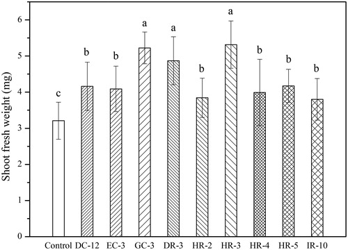 Figure 5. Effects of PGPB inoculation on shoot fresh weight. Data represent mean fresh weights ± SD of three groups of seedlings each consisting of 8 excised shoots. Different letters indicate statistically significant differences (Tukey’s HSD test; p < 0.05). The experiment was performed in triplicate.
