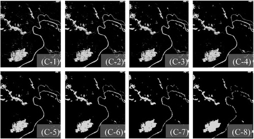 Figure 4. The results of water extraction from different spatial resolution images of C study area (C-1: 8 m, C-2: 24 m, C-3: 40 m, C-4: 56 m, C-5: 120 m, C-6: 152 m, C-7: 200 m, and C-8: 248 m).