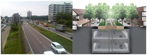 Figure 4. The route of the A2 through Maastricht prior to redevelopment, showing the motorway as a barrier in the Maastricht urban environment, with traffic lights, zebra crossings and apartment buildings (left, source: Heeres) and the A2 Passage after redevelopment (right, source: A2 Maastricht, Citation2012).