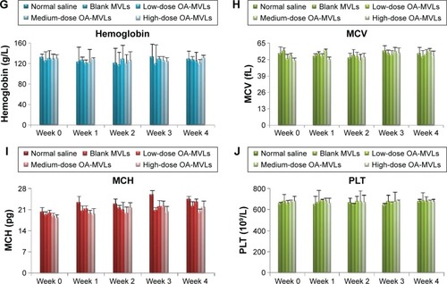 Figure 6 Effects of blank MVLs and low-dose, medium-dose, and high-dose OA-MVLs.Notes: Effects on the activity of ALT (A), AST (B), BUN (C), creatinine (D), WBC count (E), RBC count (F), HGB concentration (G), MCV (H), MCH (I), and PLT (J) in serum of male SD rats compared with the control group at different time points before administration and at weeks 1, 2, 3, and 4 after intraperitoneal injection. Results are presented as mean ± SD (n=5). *P<0.05, the treated group versus the normal saline group.Abbreviations: OA-MVLs, oleanolic acid-encapsulated multivesicular liposomes; ALT, alanine aminotransferase; AST, aspartate aminotransferase; BUN, blood urea nitrogen; WBC, white blood cell; RBC, red blood cell; HGB, hemoglobin; MCV, mean corpuscular volume; MCH, mean corpuscular hemoglobin; PLT, platelet; SD, standard deviation; MVLs, multivesicular liposomes.