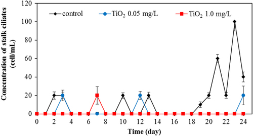 Figure 10. Changes of concentration of stalk ciliates for various TiO2 concentrations.