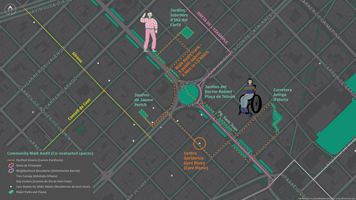 Figure 1. EngAGE4Change-Health CASCADE project community walk audit map and selected public spaces for evaluation in the Dreta de l’Eixample neighborhood in Barcelona. Data: Open Data BCN, 2022. Map: J. R. Zapata-Restrepo.