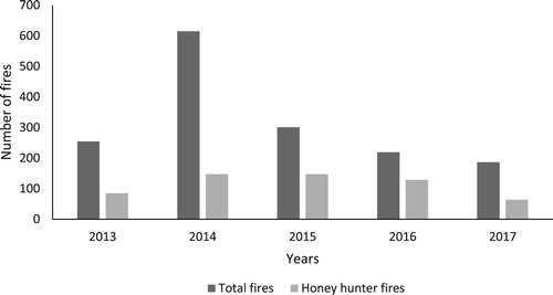 Figure 6. Frequency of wild fires in Zululand and those attributed to wild honey hunters (AHB started in late 2015).