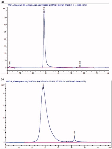 Figure 2. Size Exclusion Chromatography (SEC). HMW KLH standard eluted from Superose 6B as a major peak, at a flow rate of 0.5 mL/min at 28.6–28.7 min (a); and at a flow rate of 1 mL/min, KLH subunit standard eluted at 28.5–28.7 min (b).