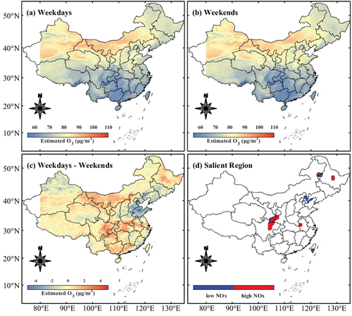 Figure 14. distribution of averaged estimated ground-level ozone concentration for (a)weekdays, (b)weekends, (c)differential between weekdays and weekends and (d)salient region under different ozone generation mechanisms.