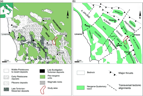 Figure 1. Northern Apennines. (a) Geological sketch map of Tuscany and (b) Schematic structural map of the area shown in a.