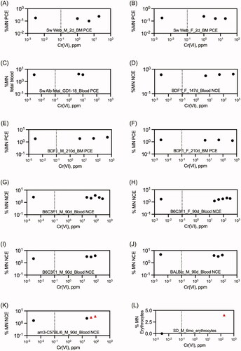 Figure 6. Summary of in vivo Cr(VI) MN assays in blood and bone marrow drinking water studies. Red triangles indicate data points that differed significantly form concurrent controls. For clarity, variance data have been removed. The dotted line marks the current MCL of 0.1 ppm total Cr. Source: (A-B) Mirsalis et al. (Citation1996); (C–F) De Flora et al. (Citation2006); (G–K) NTP (Citation2007); (L) Elshazly et al. (Citation2016).