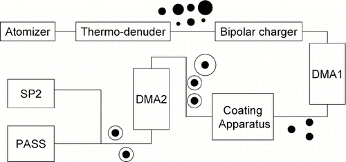 FIG. 3 Schematic of the laboratory experiment for measuring absorption of organics-coated graphite particles. The system uses differential mobility analyzers (DMA1 and DMA2), a single particle soot photometer (SP2), and a photo-acoustic absorption spectrometer (PASS).