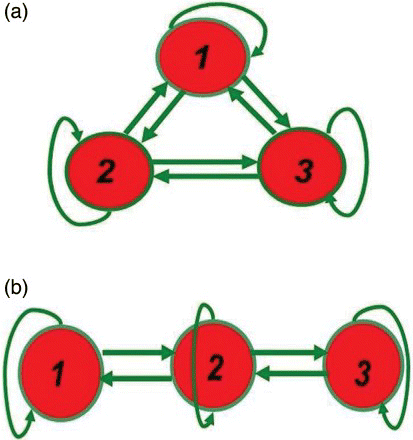 Figure 2. (a) Ring coupling chaotic neurons with self-coupling; (b) linear coupling chaotic neurons with self-coupling.