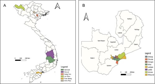 Figure 1. Map showing study locations in Vietnam (A) and Zambia (B).