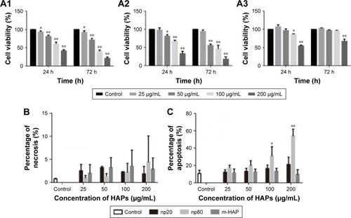 Figure 2 Effects of HAPs on cell viability and apoptosis.Notes: The viability of HUVECs cultured with np20 (A1), np80 (A2) and m-HAP (A3) for 24 and 72 h. A subpopulation of necrotic (B) and apoptotic cells (C) following HAP treatment for 24 h. *P<0.05; **P<0.01 versus control. Cells without HAP treatment were set as the control group.Abbreviations: HAP, hydroxyapatite; HUVECs, human umbilical vein endothelial cells; m-HAP, micro-sized HAP particles.