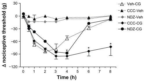 Figure 1 Colchicine and nocodazole potentiate carrageenan-induced hyperalgesia in rat paws.