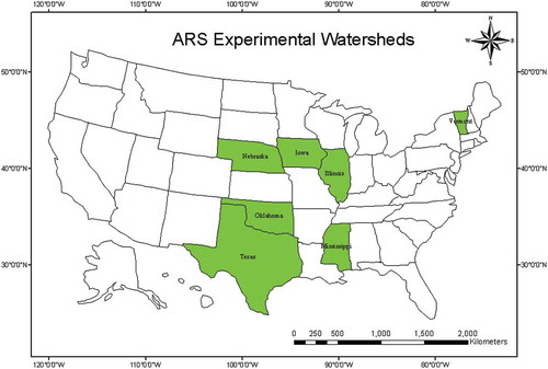 Figure 2. Location of ARS experimental watersheds used to validate the developed relationships