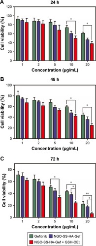 Figure 5 Cell viability of A549 cells after incubation with free Gef, NGO-SS-HA-Gef, or NGO-SS-HA-Gef +10 mM GSH-OEt for 24 (A), 48 (B), and 72 hours (C). *P<0.05, **P<0.01 (NGO-SS-HA-Gef + GSH-OEt vs free Gef and NGO-SS-HA-Gef only). The differences between groups were considered statistically significant when the P-value was <0.05.Abbreviations: NGO, nano-graphene oxide; HA, hyaluronic acid; Gef, gefitinib; RB, rhodamine B; GSH-OEt, glutathione reduced ethyl ester.