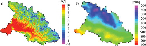 Figure 5. (a) Mean annual temperature and (b) precipitation sum in the Upper Tisza catchment, based on CARPATCLIM data, 1972‒2001.