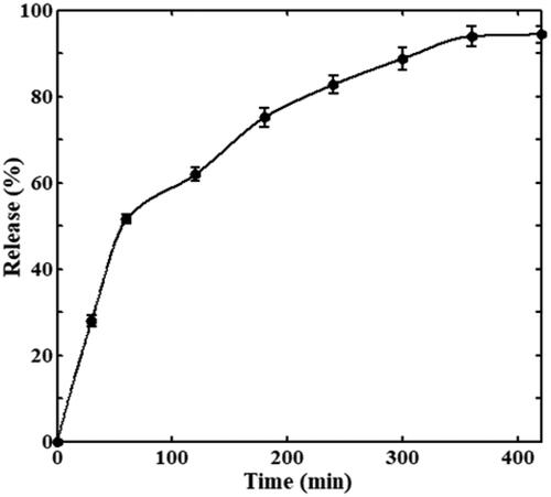 Figure 6. In vitro release of cABCI from Fe3O4 particles in phosphate buffer at 37 °C and pH 7.5.