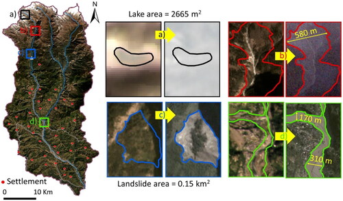 Figure 3. Overview of the Melamchi event showing the locations of four typical hazards that modulated the disaster. a) high elevation lake (2665 m2) observed in satellite imagery before the Melamchi event and its disappearance, indicating a glacial lake outburst flood, b) a representative example showing how old riverside landslides before the Melamchi event reactivated during the Melamchi disaster, c) another representative example of how new landslide formed after the event, and d) Melamchi Bazar area and deposited sediment coverage. The map is prepared using the Planet imagery base map (https://developers.planet.com/docs/data/planetscope/), with a spatial resolution of 4.7 meters.