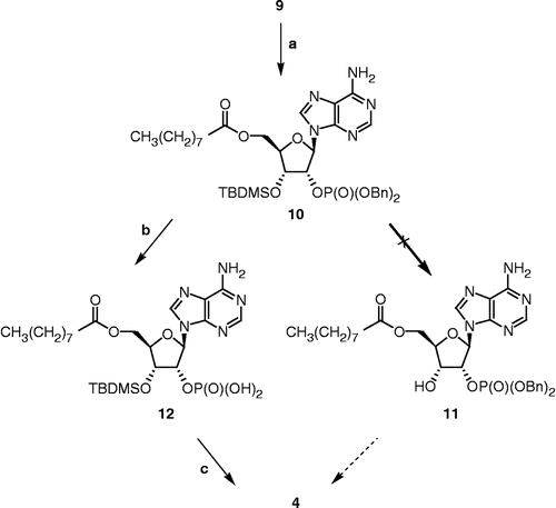 Scheme 2 Synthesis of 4. Reagents, conditions and yields: (a) i. nonanoic acid, EDCI, DMAP, DMF, rt, 30 min; ii. 9, DMF, rt, 16 h (70%); (b) Pd(OH)2, cyclohexene, MeOH, reflux, 30 min; (c) HClg, CH2Cl2, rt, 30 min (28% for two steps).