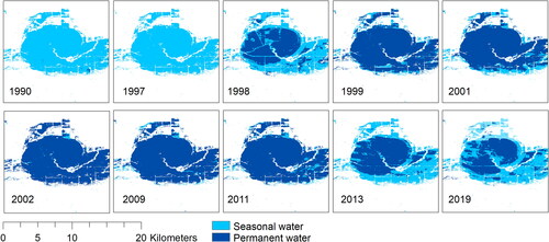 Figure 5. Spatiotemporal variation of permanent and seasonal water area in a small depression in the northeastern Red River during 1990–2019. Most extreme years in terms of wetness and dryness are shown.