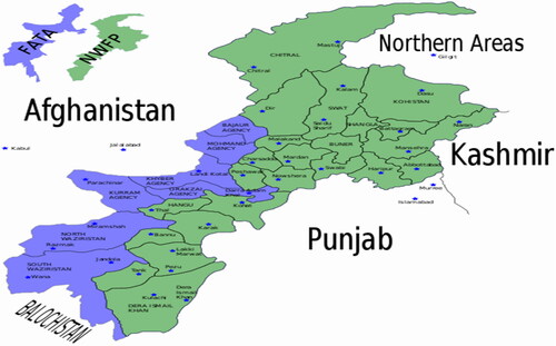 Figure 3. Map of the present-day Khyber Pakhtunkhwa province (green), previously the North-West Frontier; and FATA (purple).Footnote6