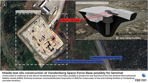 Figure 1. Missile test silo construction at Vandenberg Space Force Base, possibly for Sentinel. (Credit: Federation of American Scientists/Airbus via Google Earth).