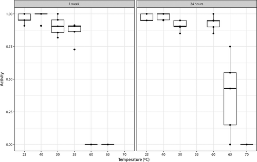 Figure 1. Tardigrade activity (proportion of active animals) 48 hours after exposure of desiccated tuns to high temperatures for 1 week (this study) and 24 hours (from Neves et al. 2000 [Citation18]), respectively. Tardigrades were pooled into 5 groups each containing ca. 20 specimens. Observed data points (•) representing the proportion of active tardigrades in each group are presented together with medians (horizontal lines), interquartile ranges (boxes), and 1.5*interquartile ranges (whiskers).